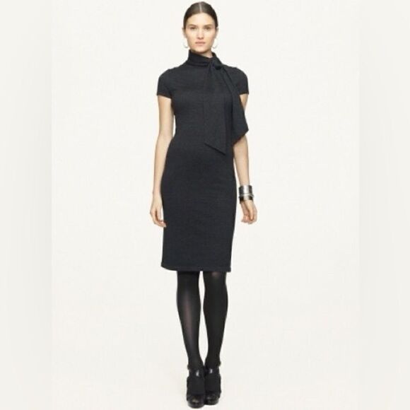 Ralph Lauren ~ Charcoal Cashmere Silk Bow Neck Pinpoint Knit Jersey Sheath Dress - Picture 11 of 16